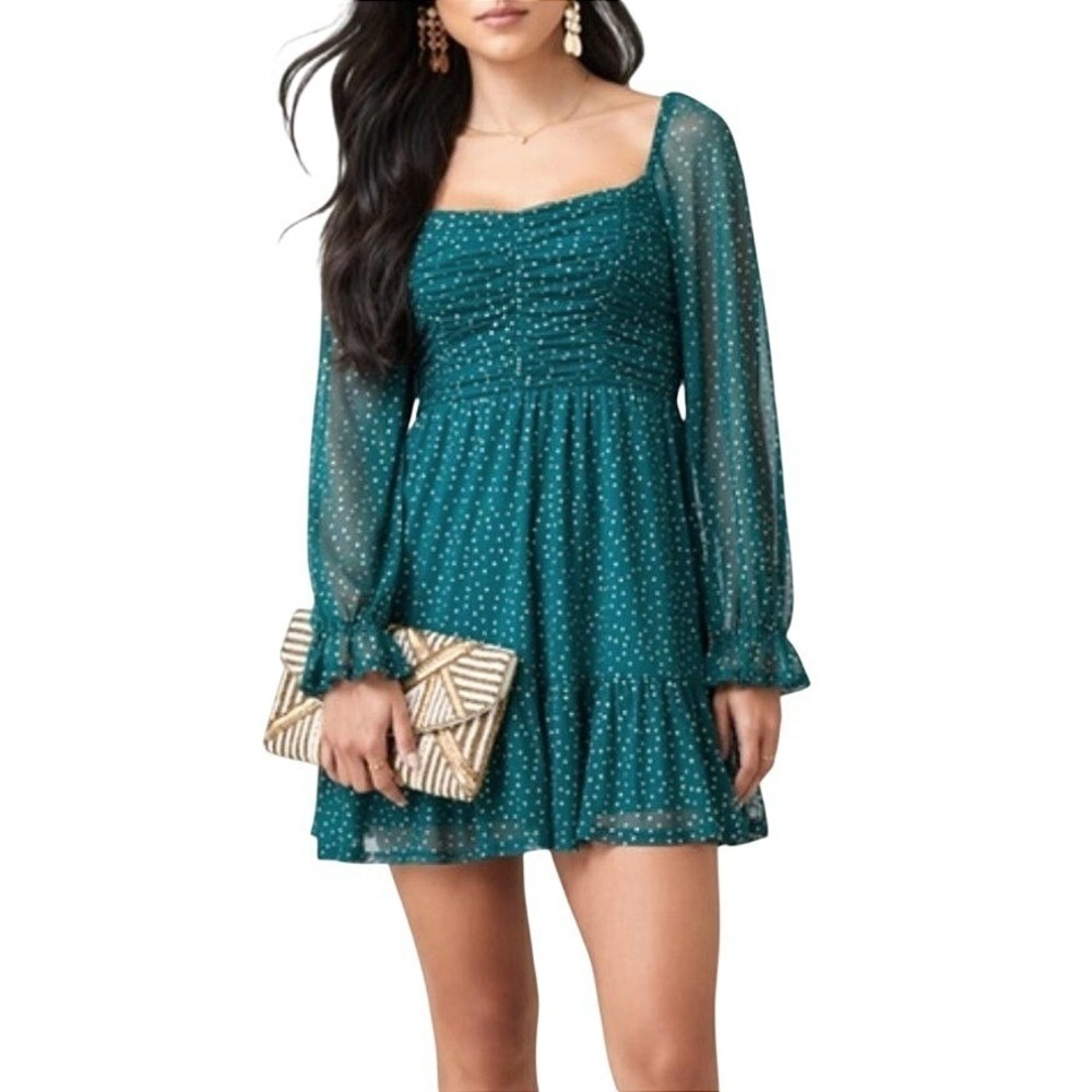 Audrey Parks Francesca's Kelly Ruched Lurex Dot Mini Dress Teal Gold Chiffon M